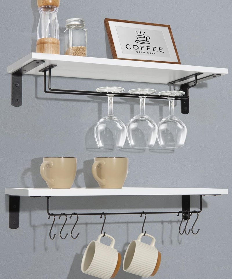 Afuly Coffee Bar Shelf, 20 Inch Wall Mounted Shelves for Mugs & Glasses, Floating Shelves with 8 Hooks, Coffee Cup Wall Holder, Set of 2 - Image 1